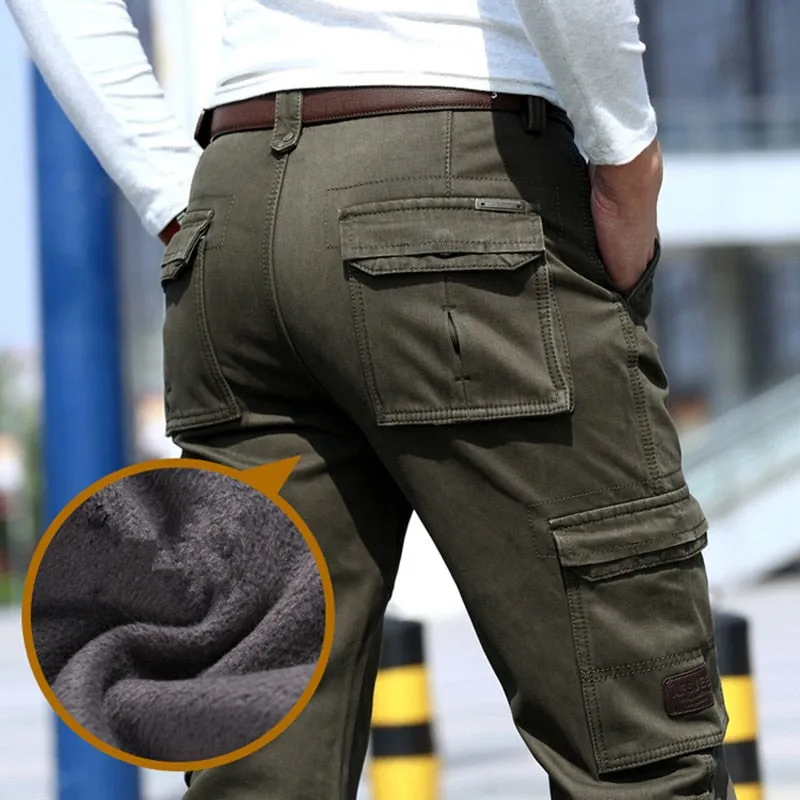 6 Pockets Fleece Warm Cargo Pants Men Clothing Thermal Work Casual Winter Pants