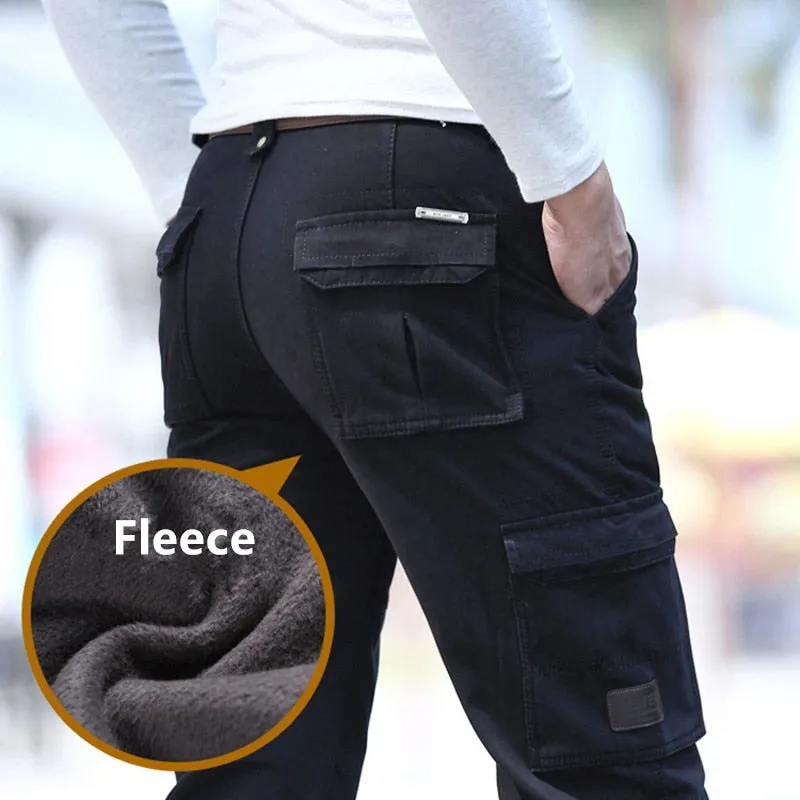 6 Pockets Fleece Warm Cargo Pants Men Clothing Thermal Work Casual Winter Pants