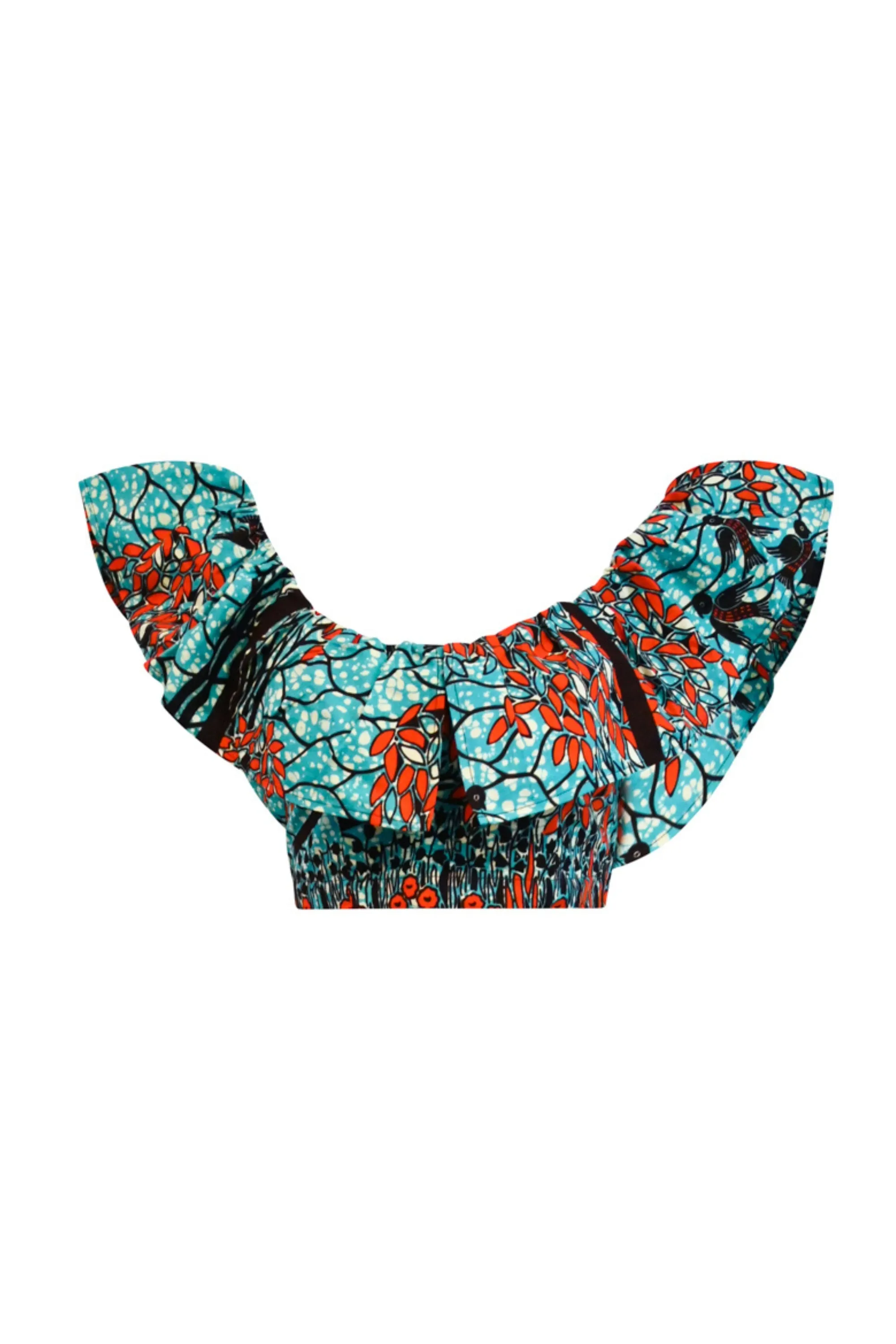 Adaora Frill Crop Top - Cyan/Orange Fallen Tree Print |TROPICANA