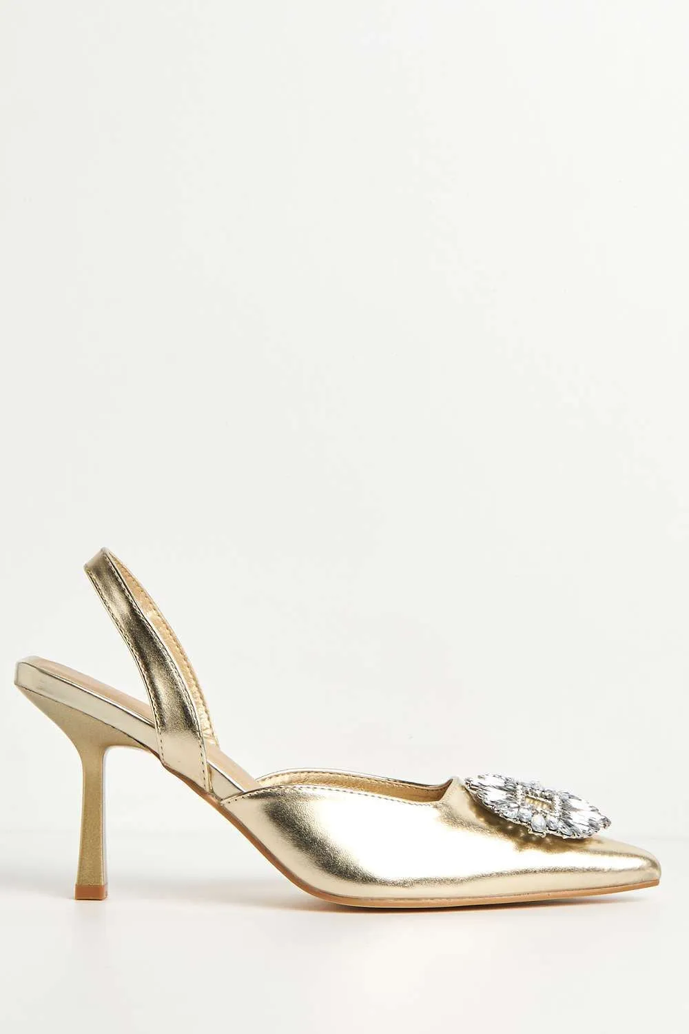 Amira Diamante Brooch Sling Back Court Shoes in Gold