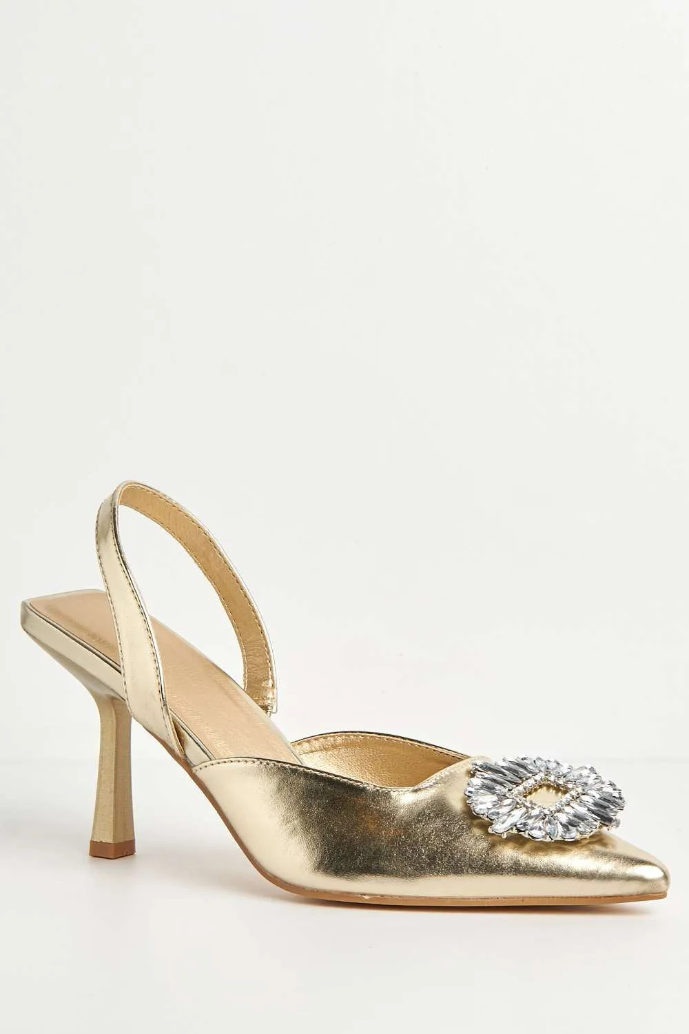 Amira Diamante Brooch Sling Back Court Shoes in Gold