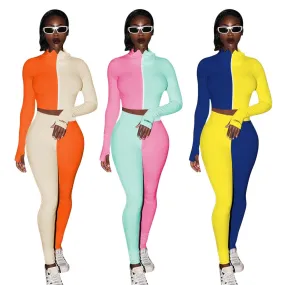 Autumn Ribbing Sports Two Piece Set Color Patchwork Long Sleeve Zipper Crop Top Pants Tracksuit Gym Running Fitness Outdoor Suit