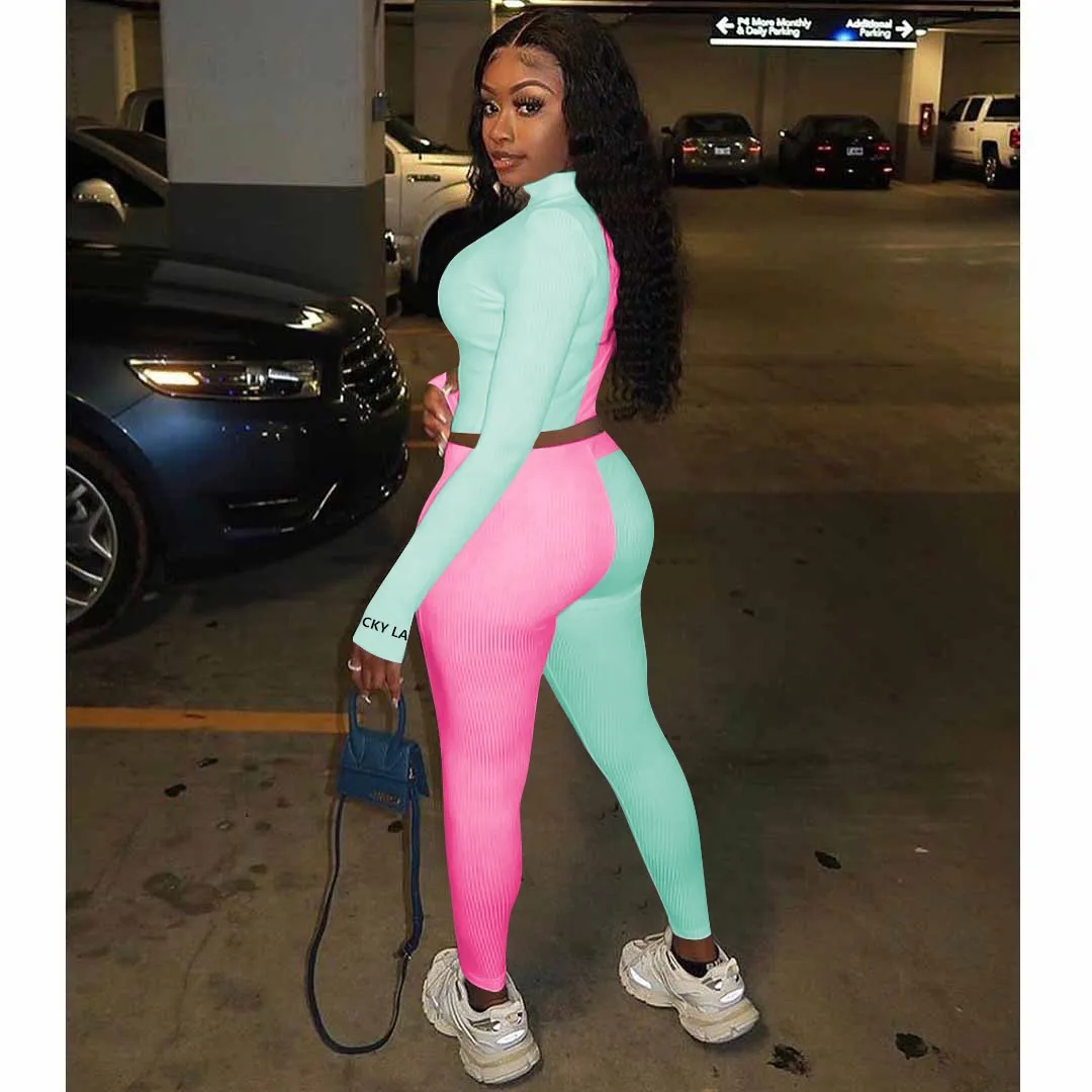 Autumn Ribbing Sports Two Piece Set Color Patchwork Long Sleeve Zipper Crop Top Pants Tracksuit Gym Running Fitness Outdoor Suit