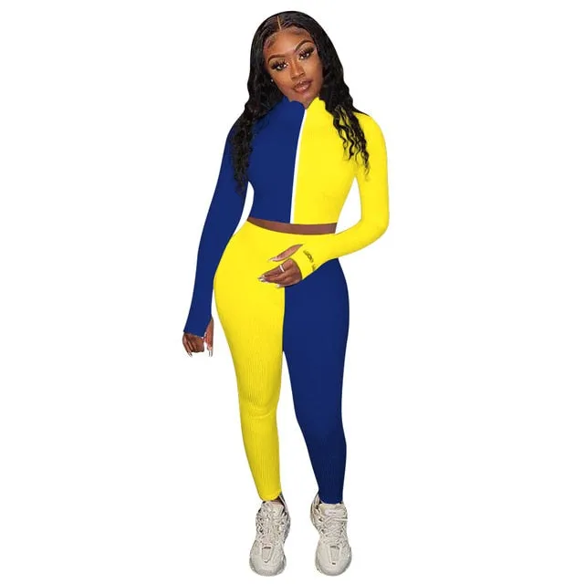 Autumn Ribbing Sports Two Piece Set Color Patchwork Long Sleeve Zipper Crop Top Pants Tracksuit Gym Running Fitness Outdoor Suit