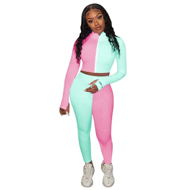 Autumn Ribbing Sports Two Piece Set Color Patchwork Long Sleeve Zipper Crop Top Pants Tracksuit Gym Running Fitness Outdoor Suit