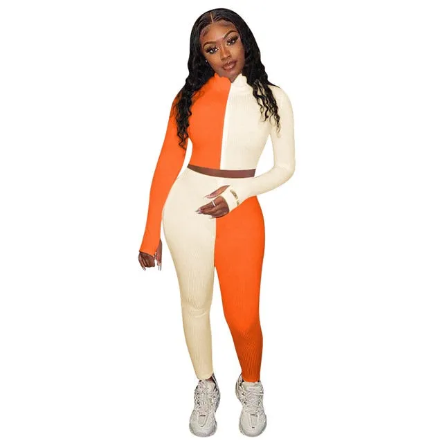 Autumn Ribbing Sports Two Piece Set Color Patchwork Long Sleeve Zipper Crop Top Pants Tracksuit Gym Running Fitness Outdoor Suit