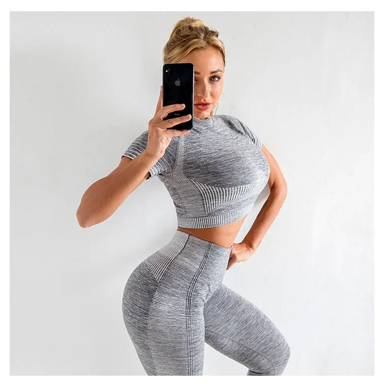 Autumn Yoga set Women Gym Clothes Seamless Fitness Sportswear Tracksuit Short Sleeve Top Leggings Pants Workout Clothing Outfits