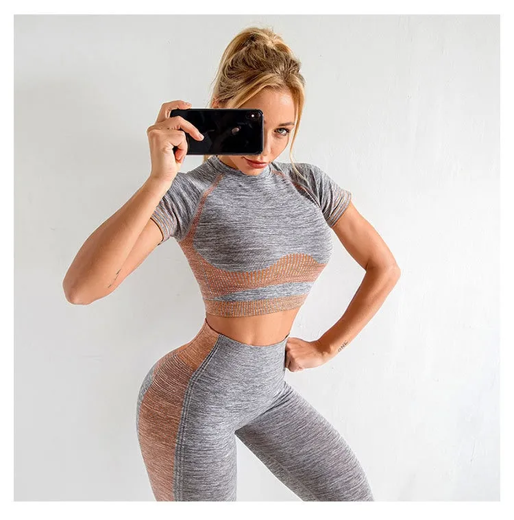 Autumn Yoga set Women Gym Clothes Seamless Fitness Sportswear Tracksuit Short Sleeve Top Leggings Pants Workout Clothing Outfits