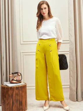 Berrylush BIZwear Women Solid Yellow High-Rise Waist Button Detail Wide Leg Pleated Regular Pants