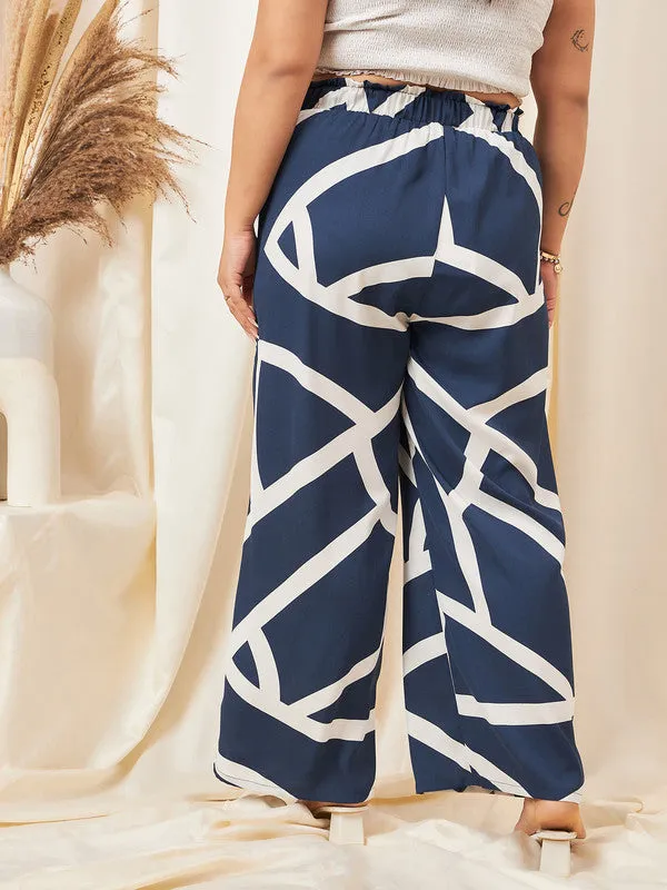 Berrylush Curve Women Navy Blue Printed High-Rise Pleated Parallel Trousers