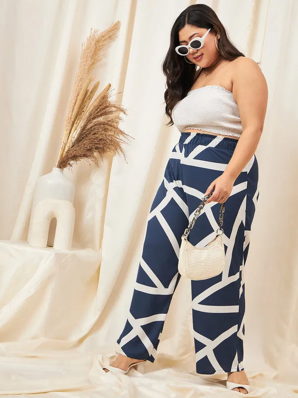 Berrylush Curve Women Navy Blue Printed High-Rise Pleated Parallel Trousers