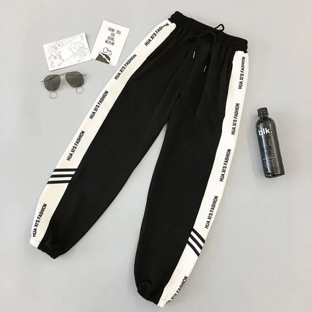 Black Harem Pants Women Plus Size 5XL Letter Print Striped Hip Hop Pants Korean Style Harajuku Trousers Mujer Pantalones