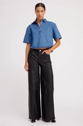 Black Leather 5 Pocket Wide Leg Pants