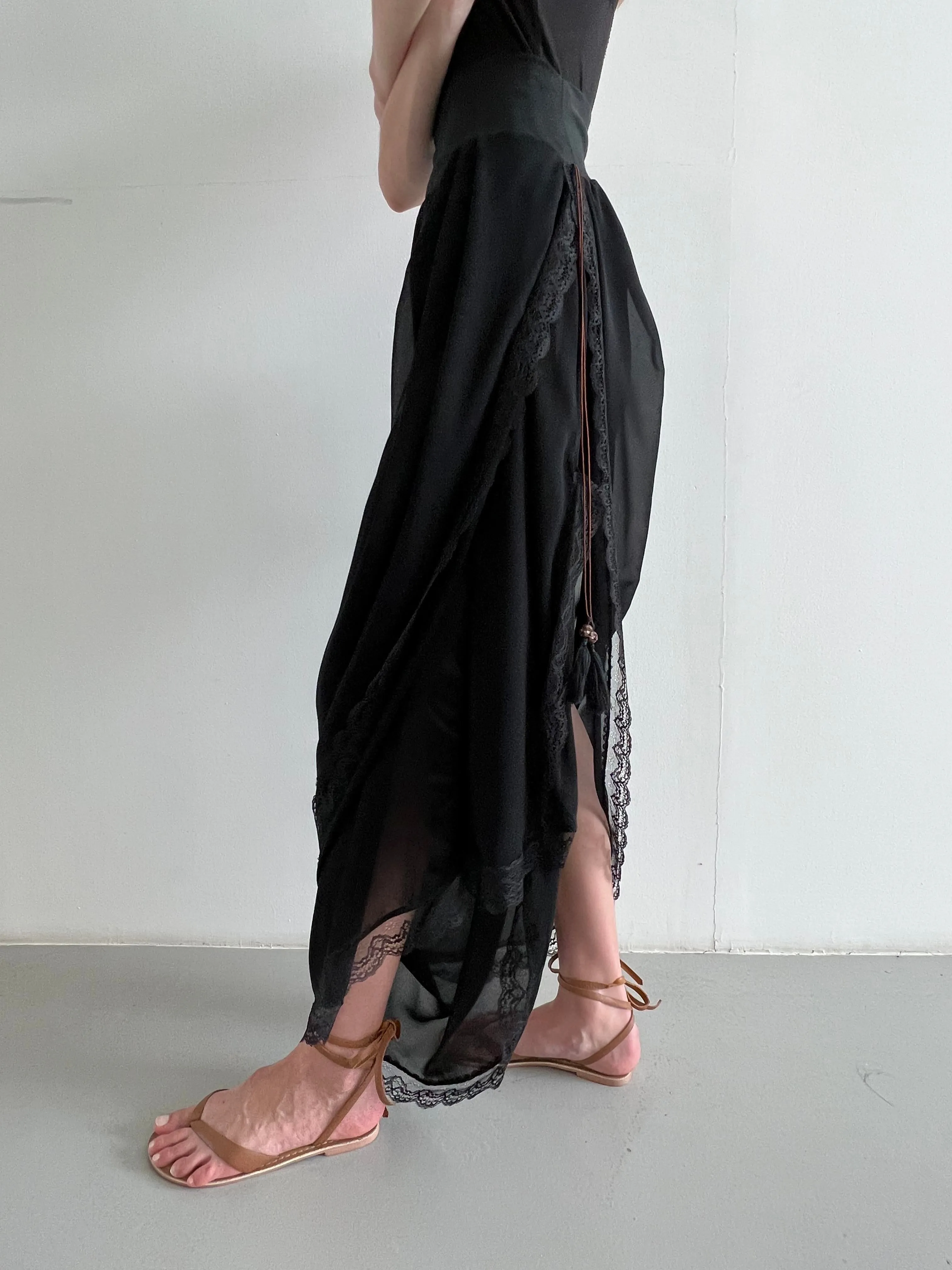 Black Soft Chiffon Sheer Draped Pant, With Inner Leg Drape And Sculpting Waistband