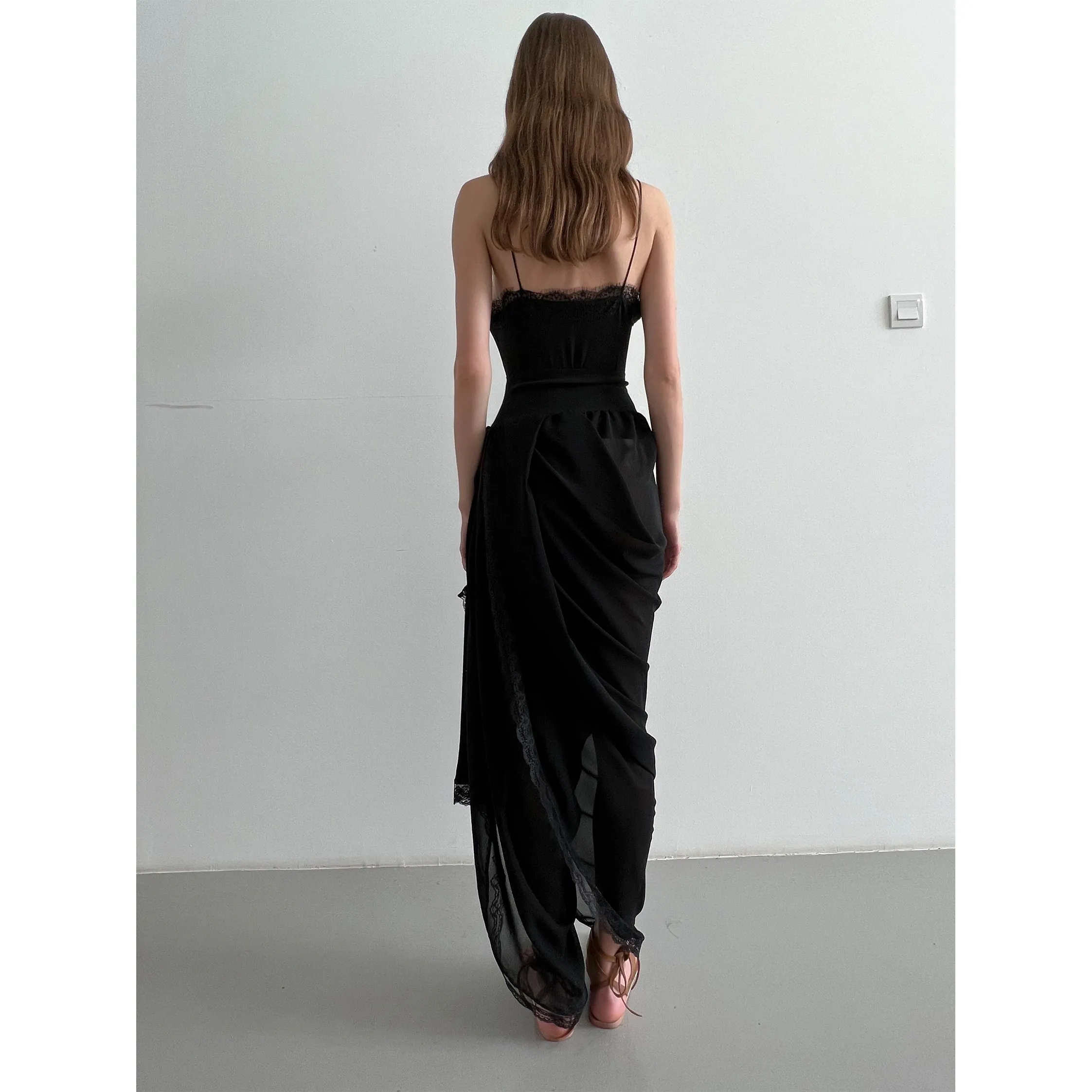 Black Soft Chiffon Sheer Draped Pant, With Inner Leg Drape And Sculpting Waistband