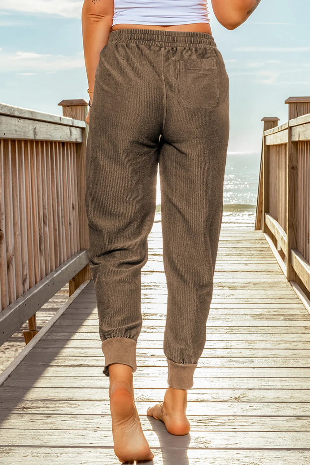 Brown Elastic Waist Jogger Pants