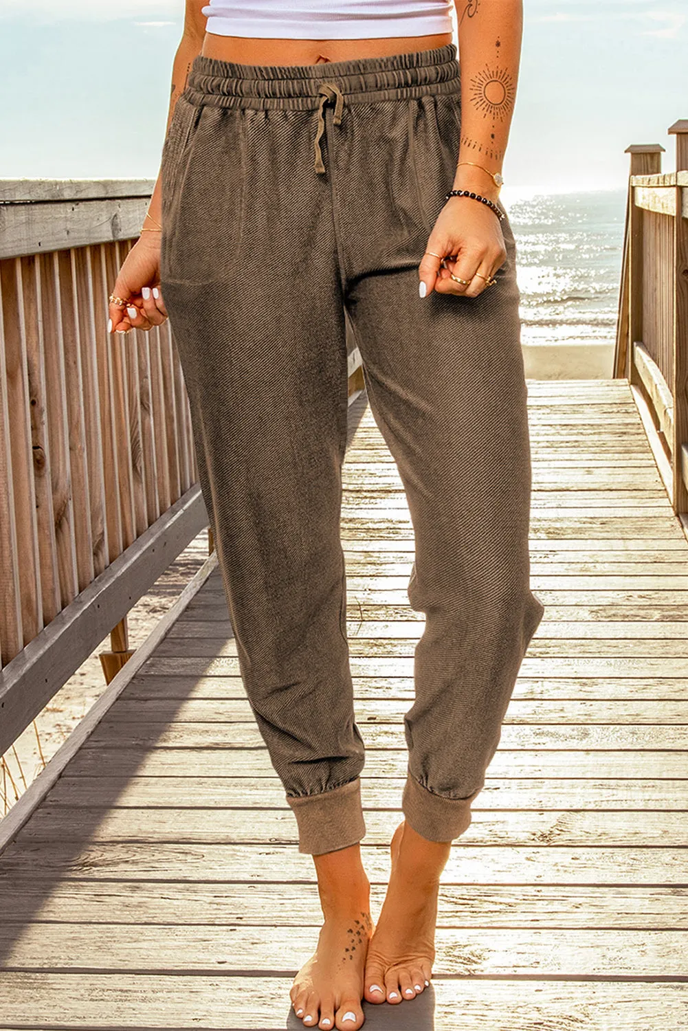 Brown Elastic Waist Jogger Pants