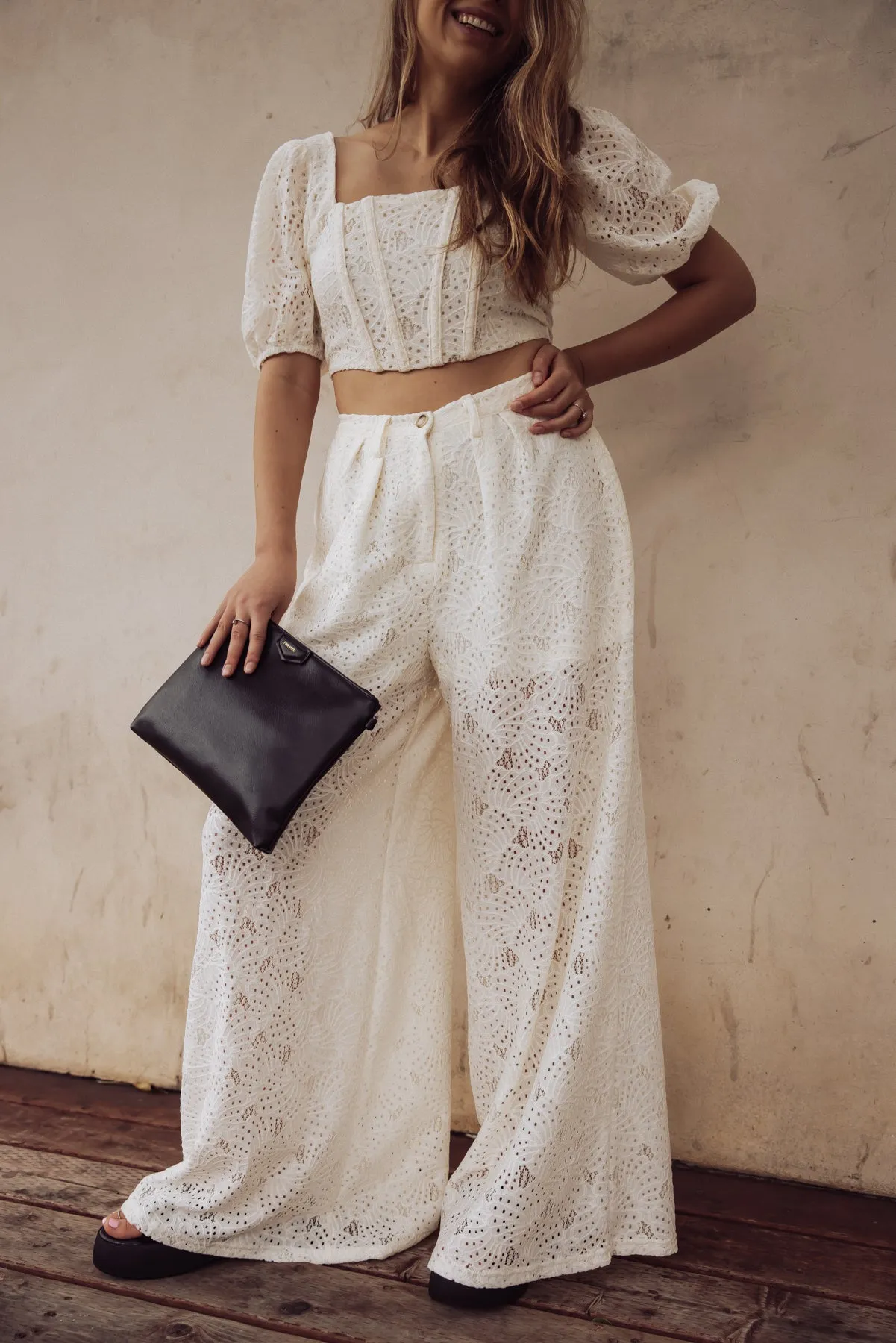 Carmen High-Waisted Eyelet Pants