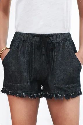 Casual Black Pocketed Frayed Denim Shorts