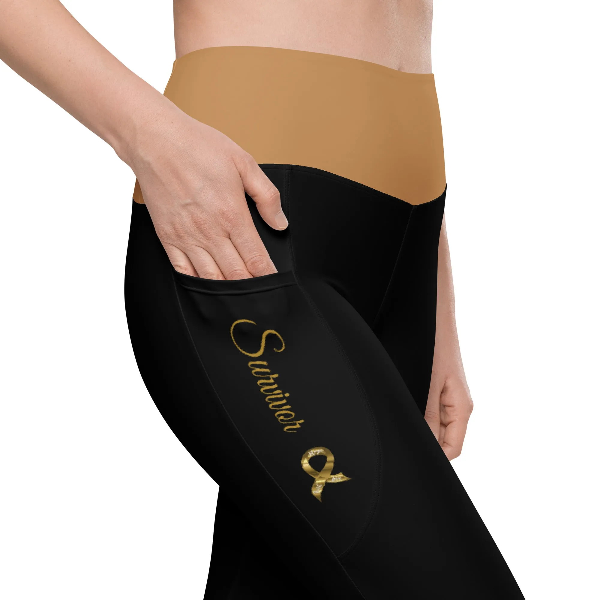 Childhood Cancer "Survivor" Leggings with Pockets (Black/Gold)(Size 2XS - 6XL)