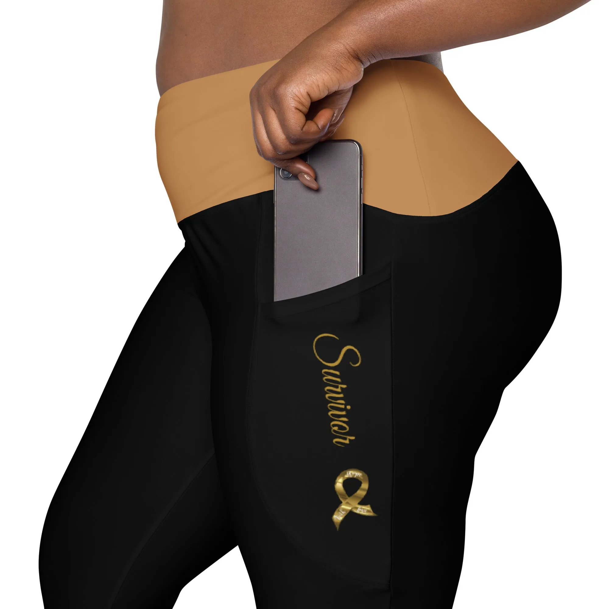 Childhood Cancer "Survivor" Leggings with Pockets (Black/Gold)(Size 2XS - 6XL)