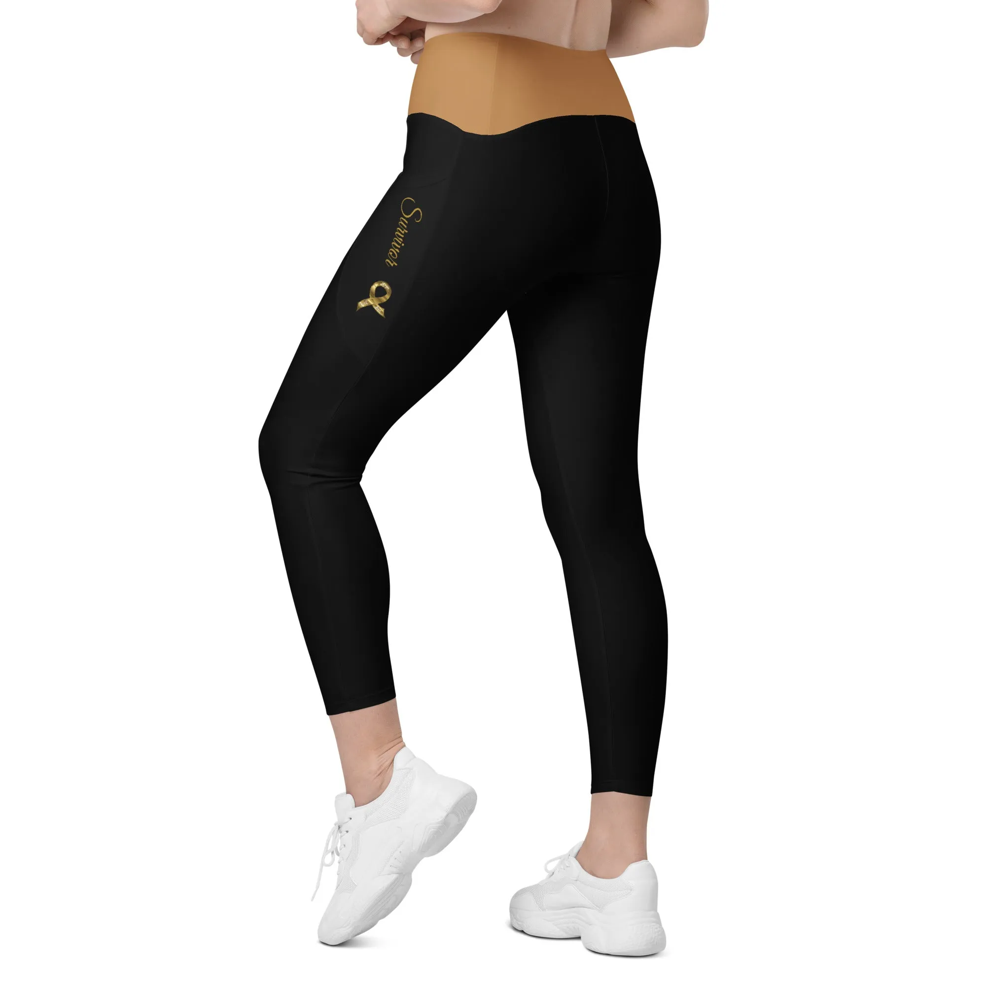 Childhood Cancer "Survivor" Leggings with Pockets (Black/Gold)(Size 2XS - 6XL)