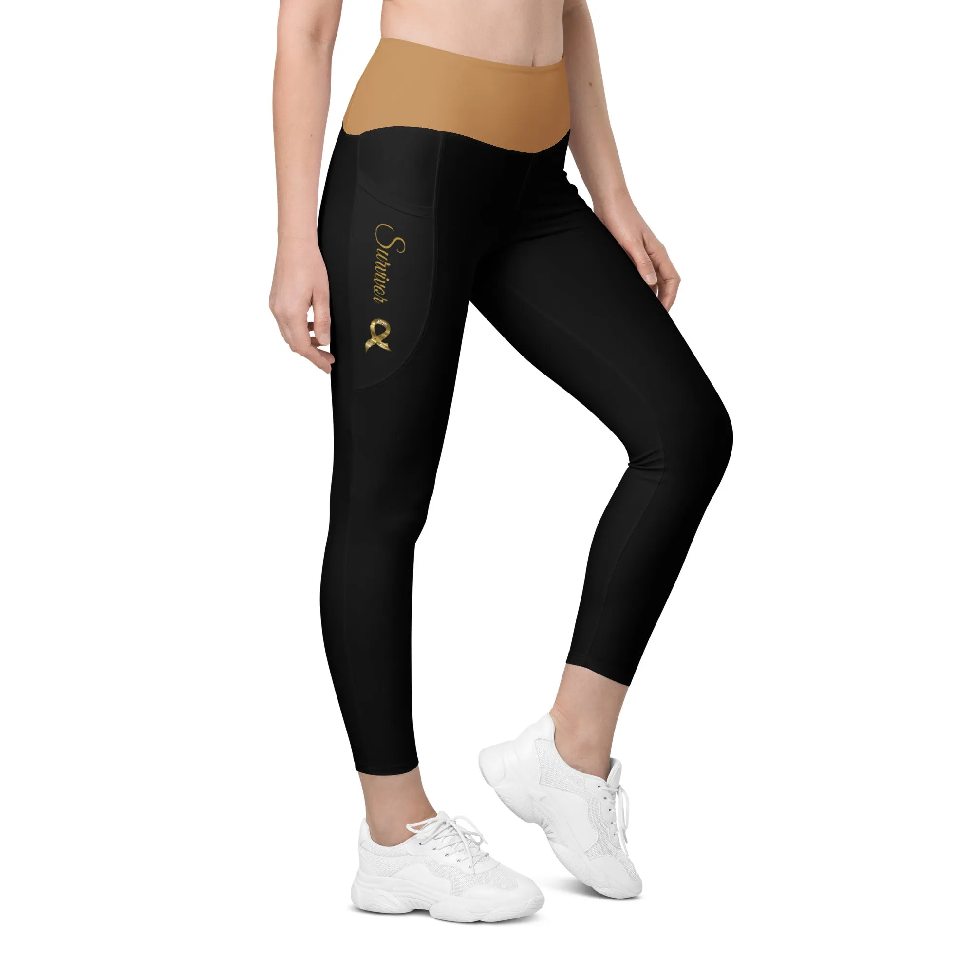 Childhood Cancer "Survivor" Leggings with Pockets (Black/Gold)(Size 2XS - 6XL)