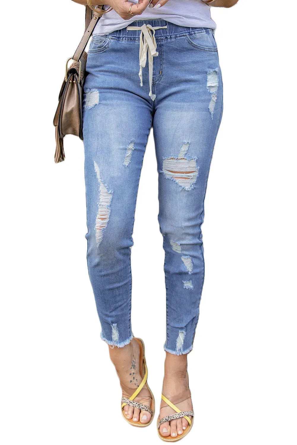 Elastic Waist Hole Ripped Jeans