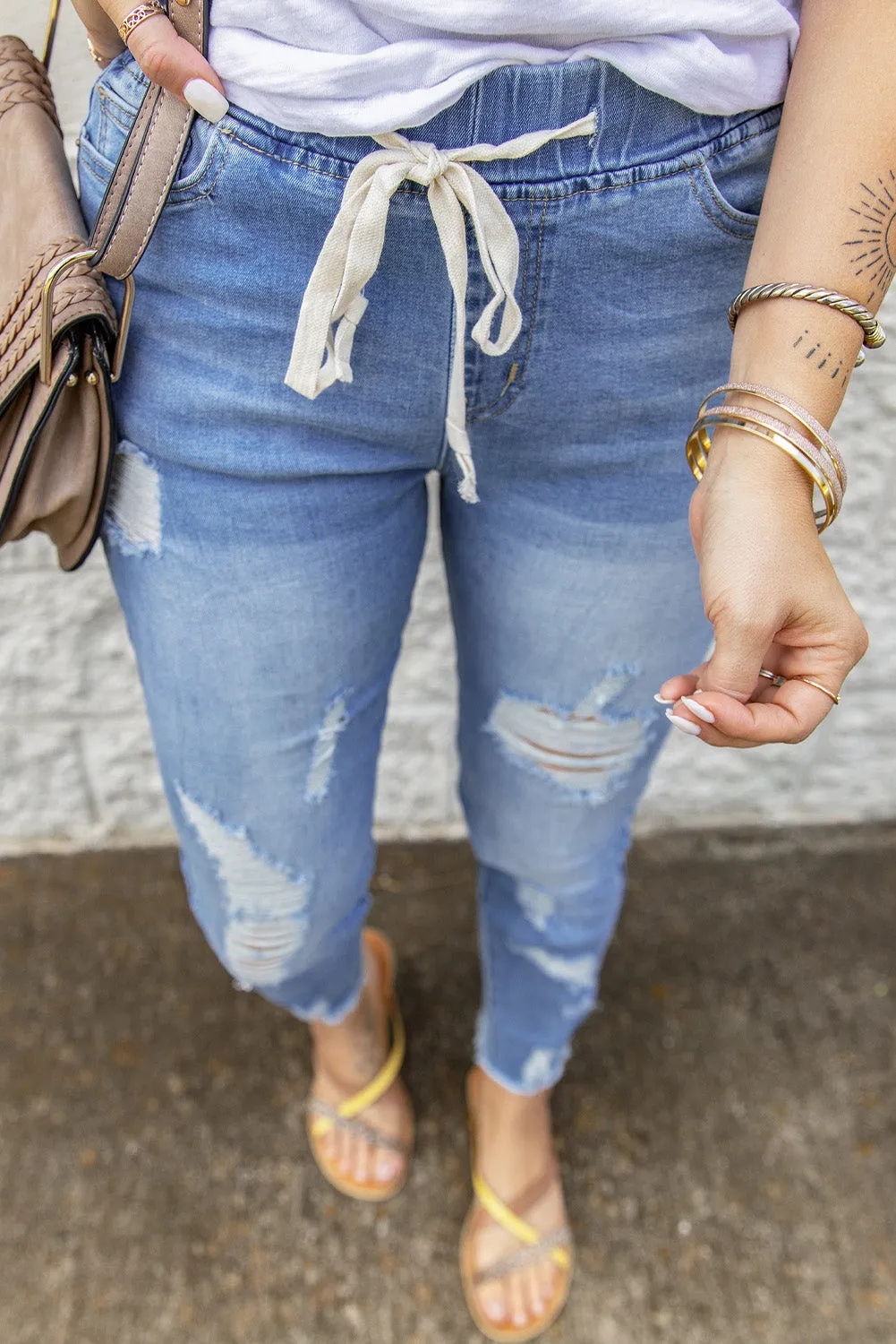 Elastic Waist Hole Ripped Jeans