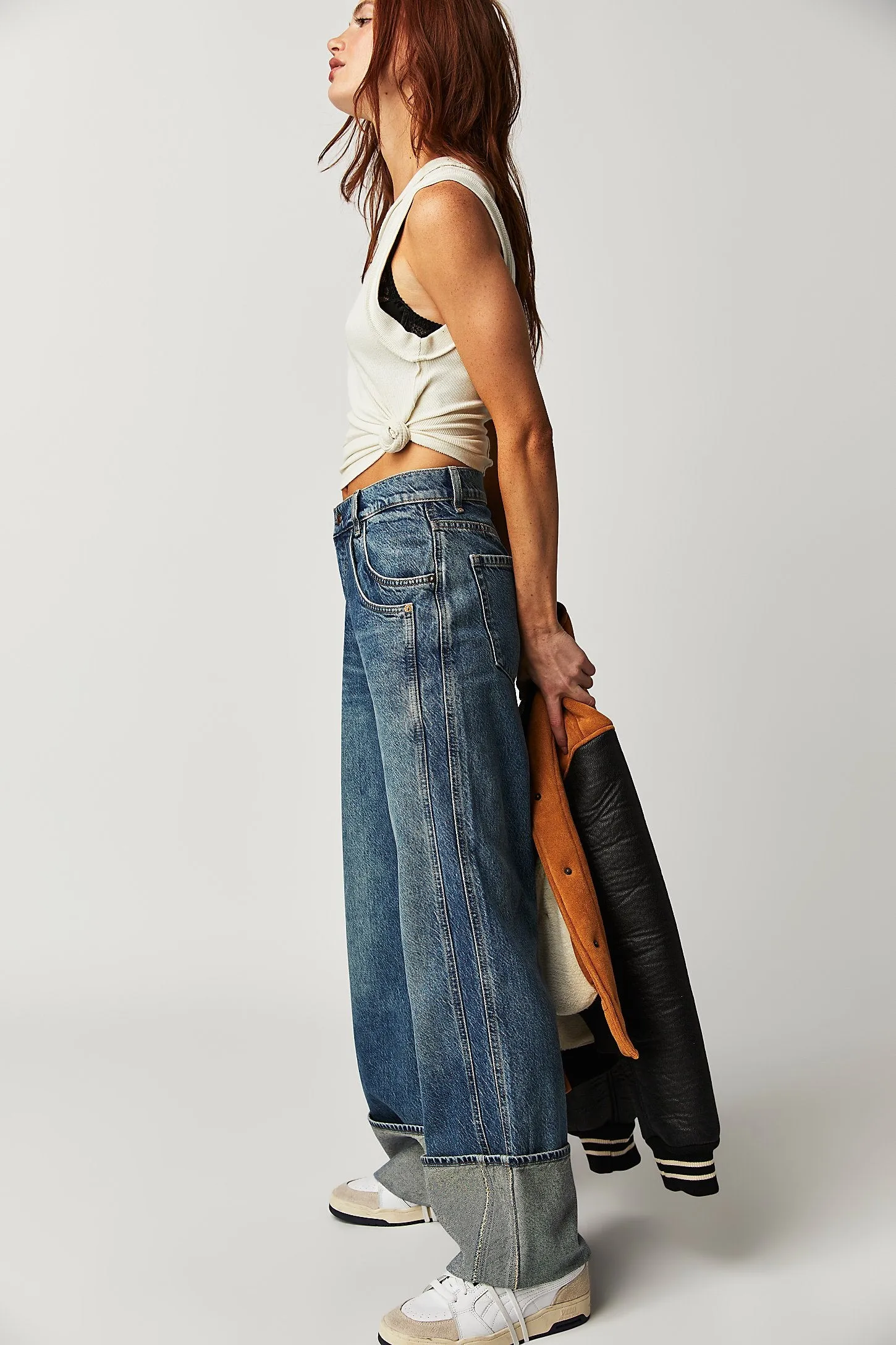 Free People Final Countdown Mid-Rise Cuffed Denim Jeans in Zero light wash