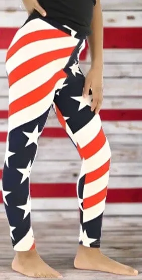 Girls American Flag 4th of July Leggings, Kids Yoga Pants, Sizes S/L, No-Roll Waist, Red/White/Blue