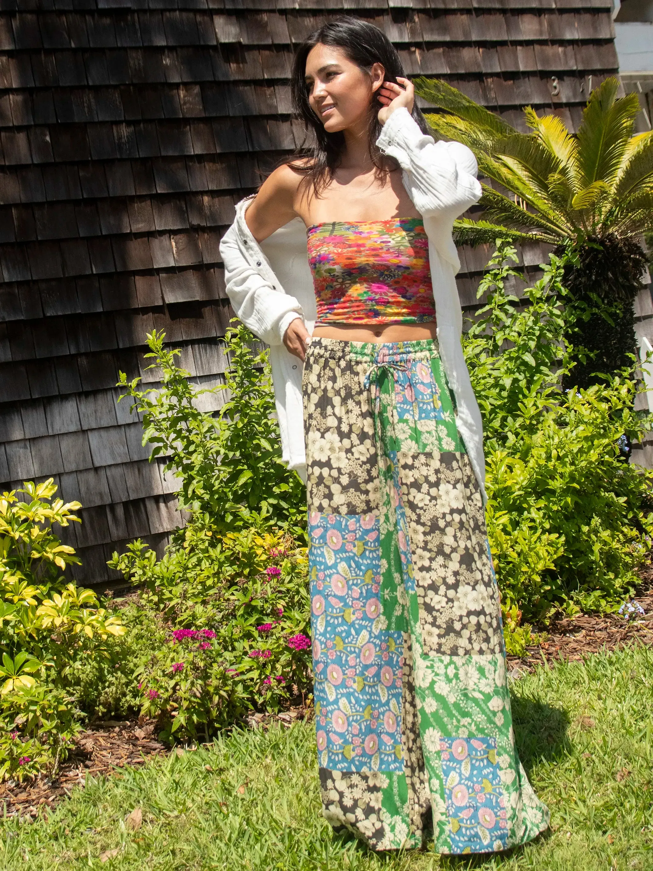 Go With The Flow Wide Leg Pant - Green Black Blue Mixed Floral