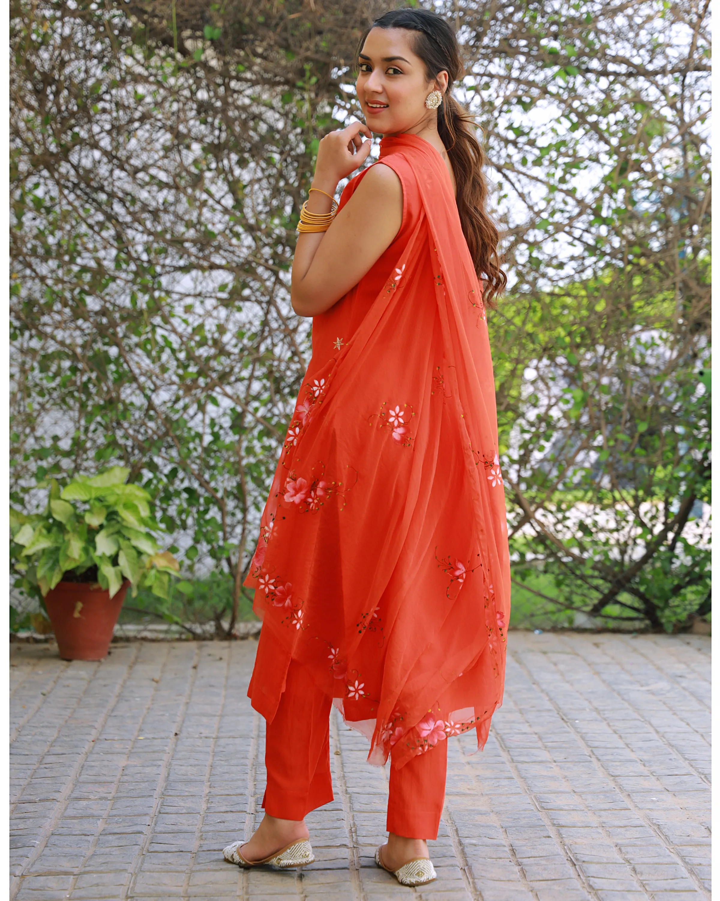 Heer Orange Hand Embroidered Silk Kurta Pant with Hand Painted Dupatta