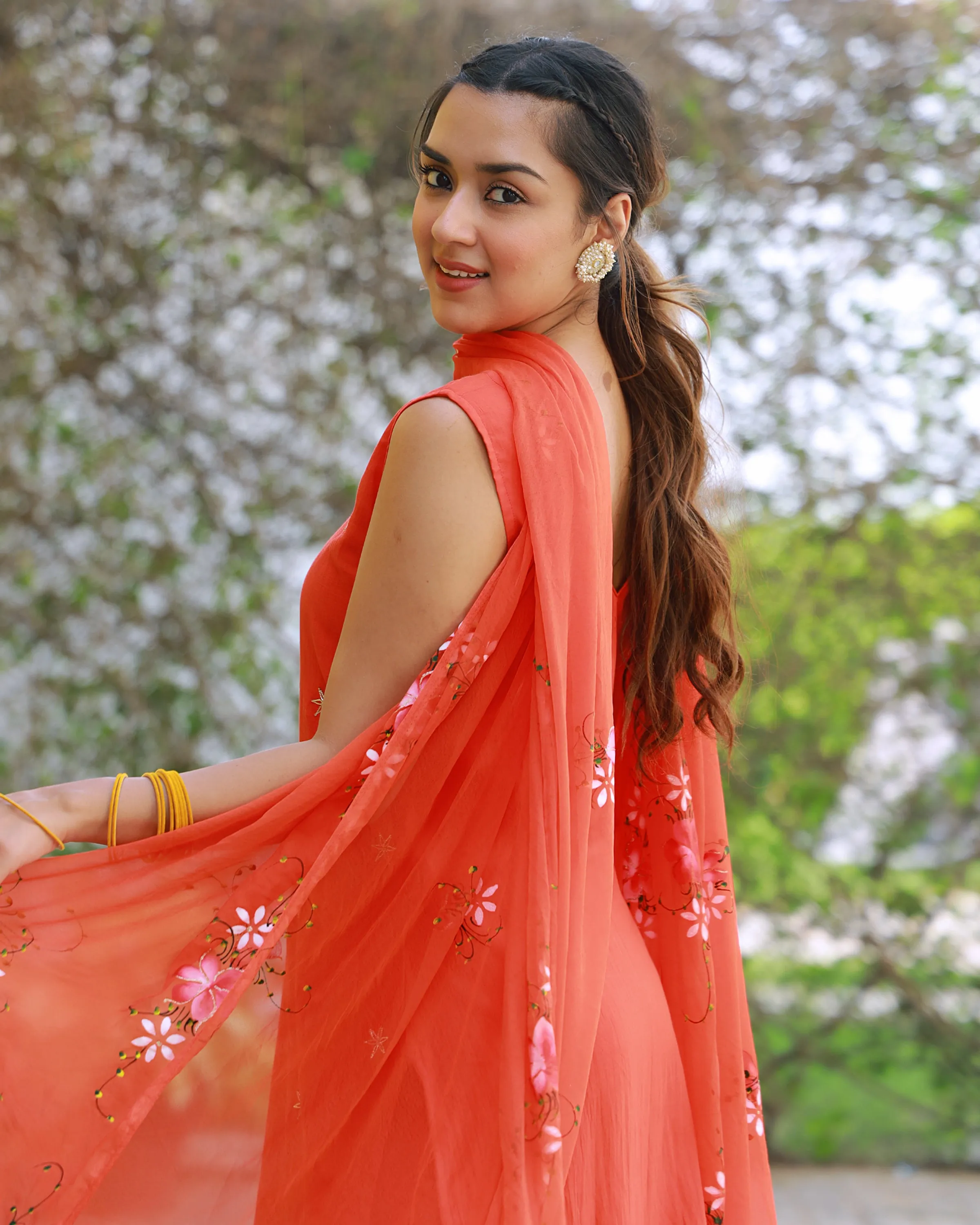 Heer Orange Hand Embroidered Silk Kurta Pant with Hand Painted Dupatta