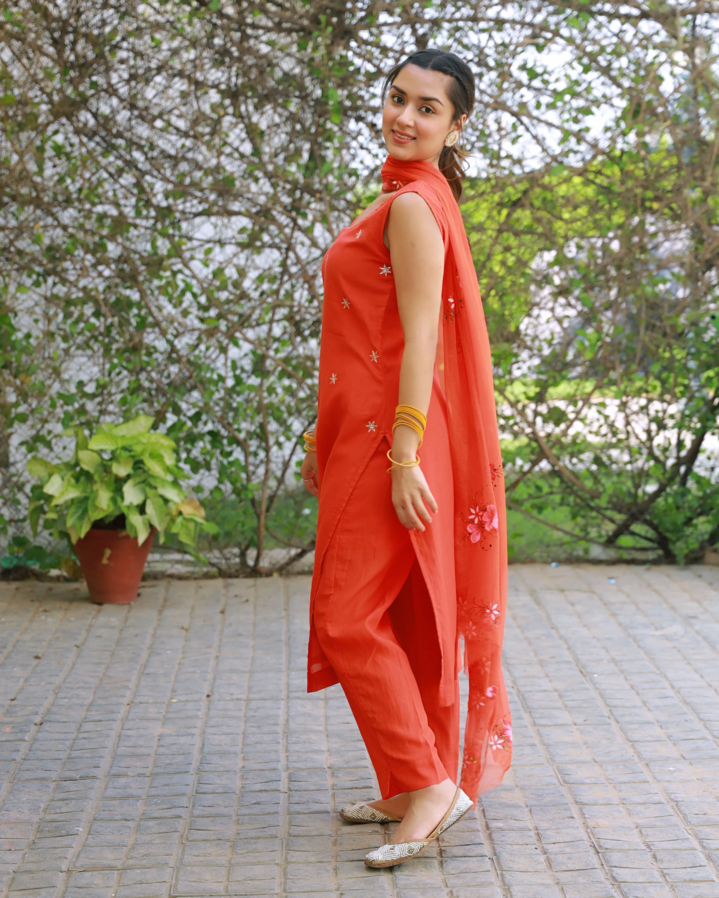 Heer Orange Hand Embroidered Silk Kurta Pant with Hand Painted Dupatta