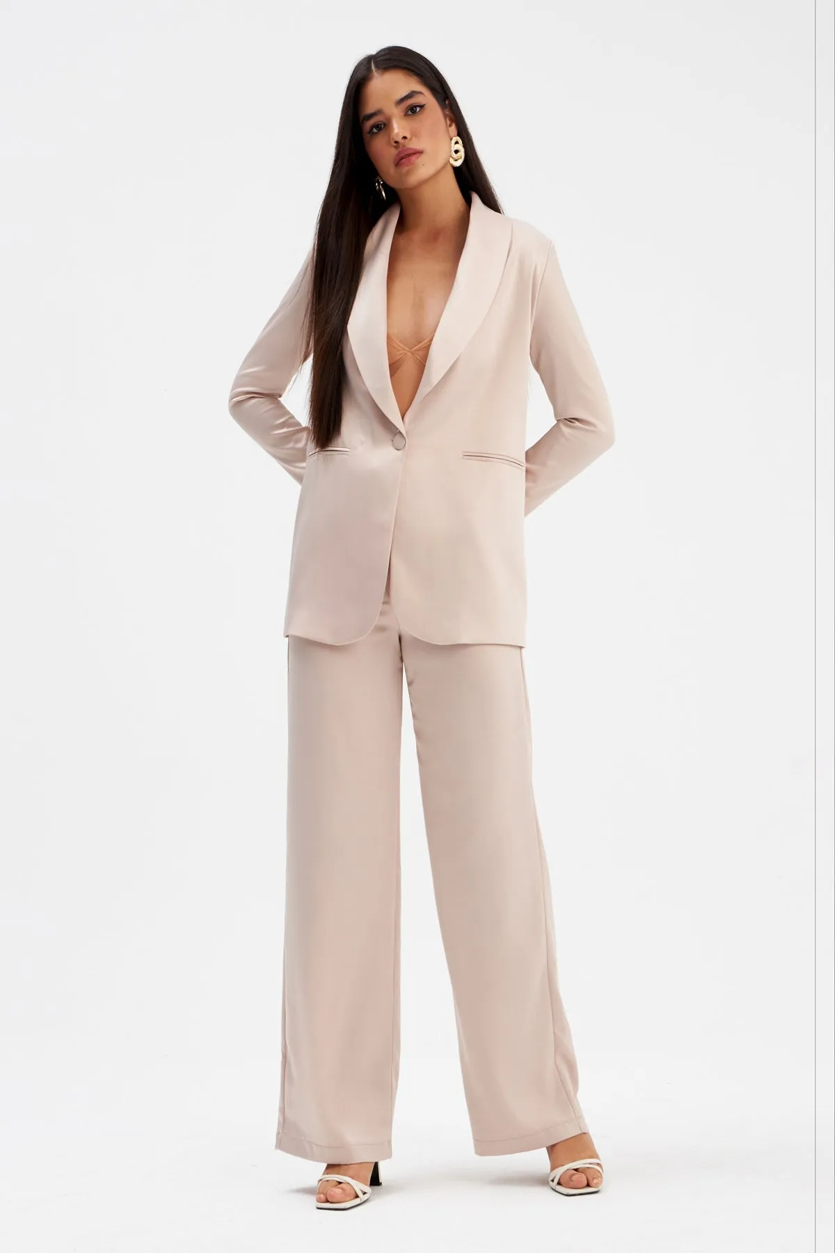 High Waist Satin Trousers - Beige