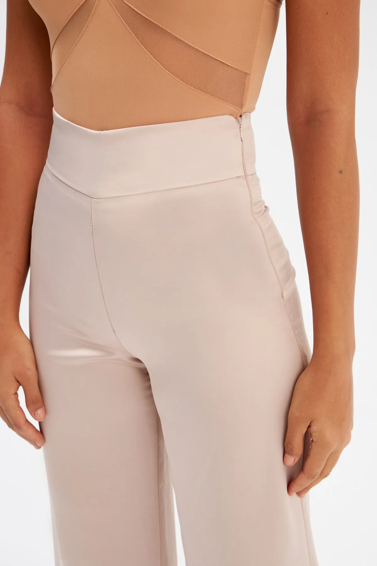 High Waist Satin Trousers - Beige