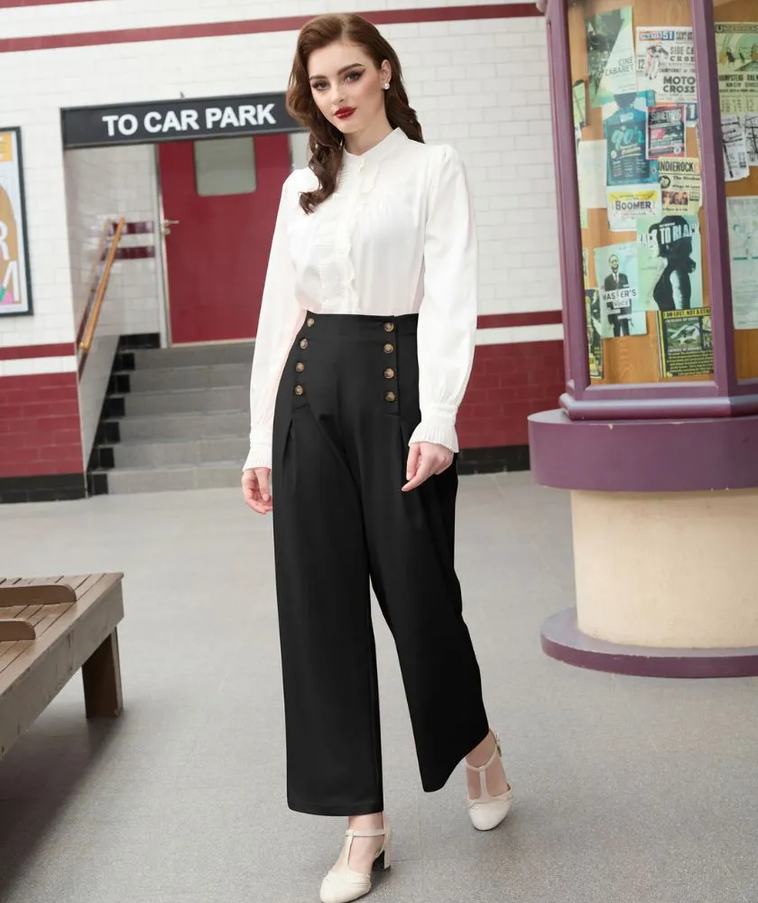 High Waisted Wide Leg Pants Button Decorated Casual Stretchy Trousers with Pockets