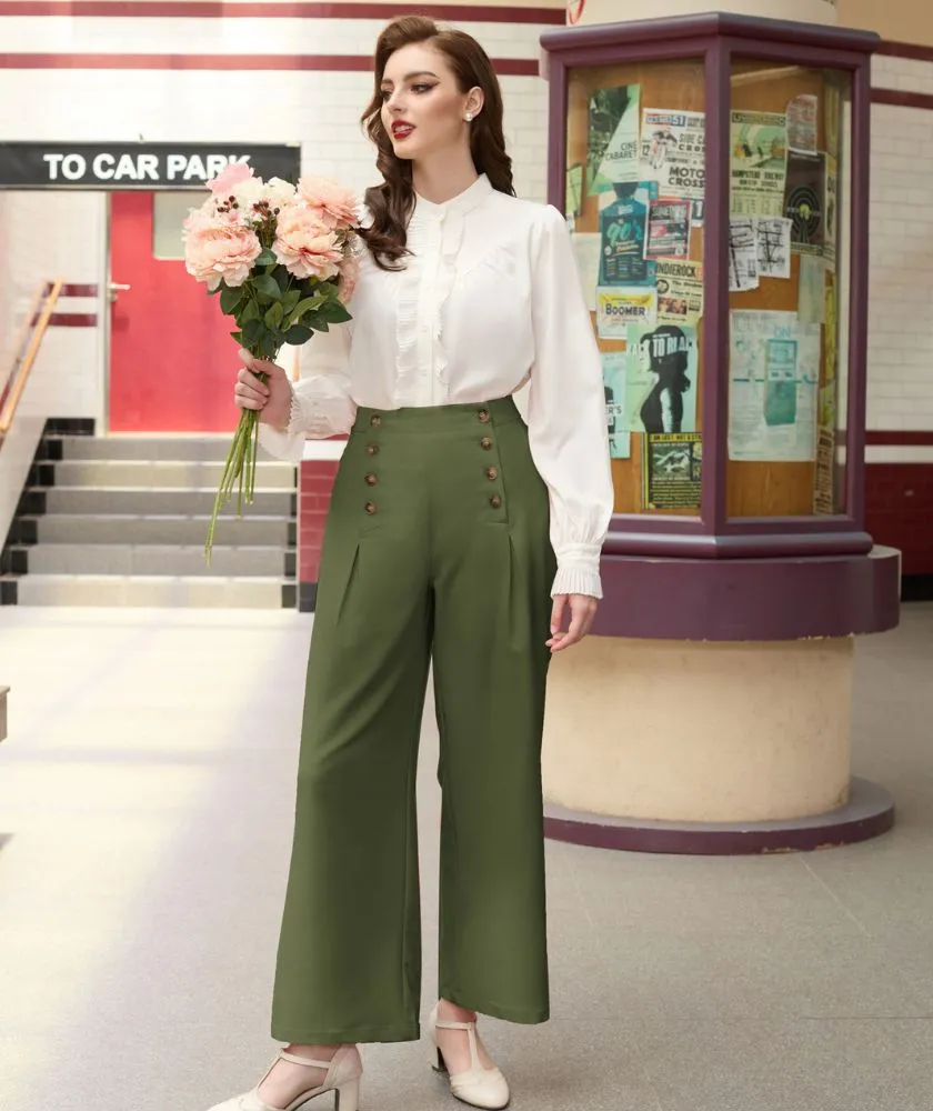 High Waisted Wide Leg Pants Button Decorated Casual Stretchy Trousers with Pockets