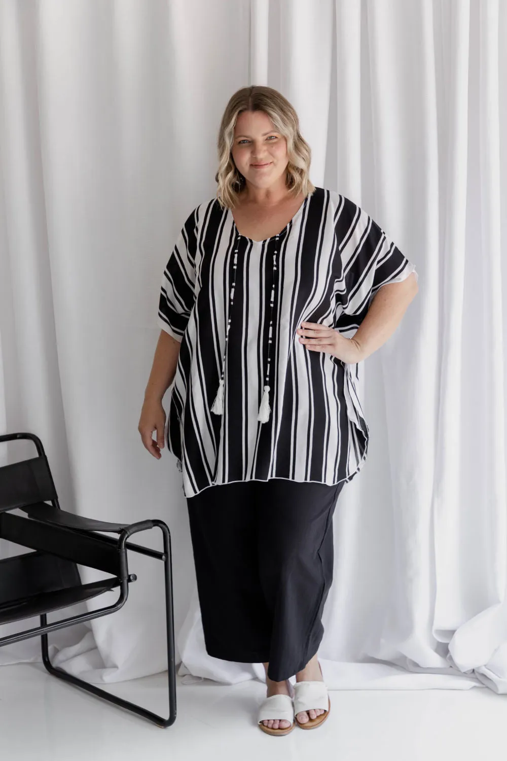 Kaftan Top - Black and White Stripe