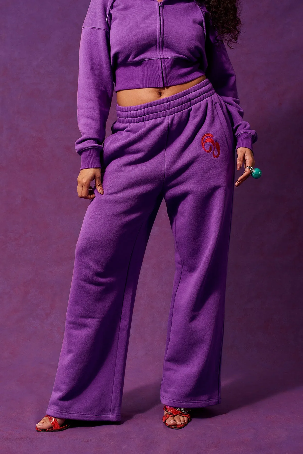 Kaia Logo Embroidered Cotton Wide Leg Sweatpants - Grape