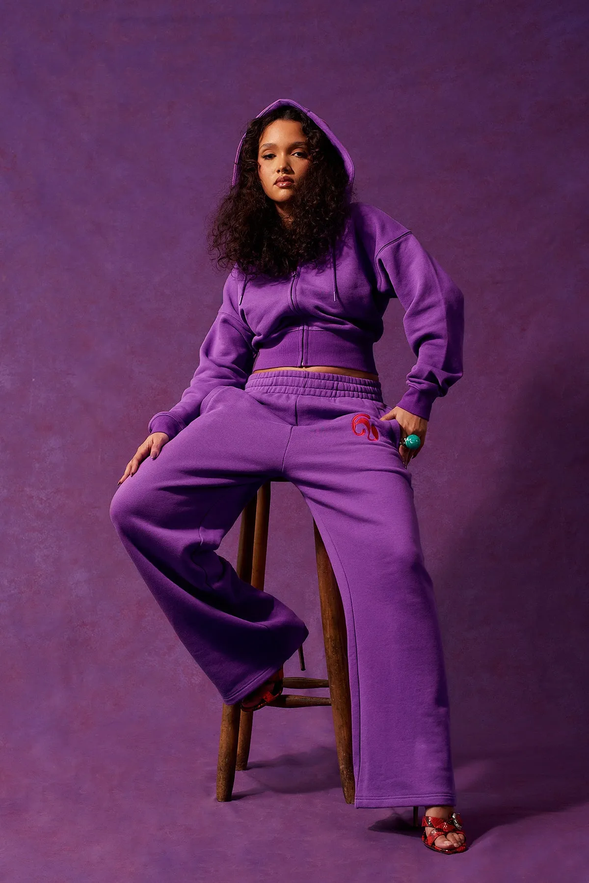 Kaia Logo Embroidered Cotton Wide Leg Sweatpants - Grape