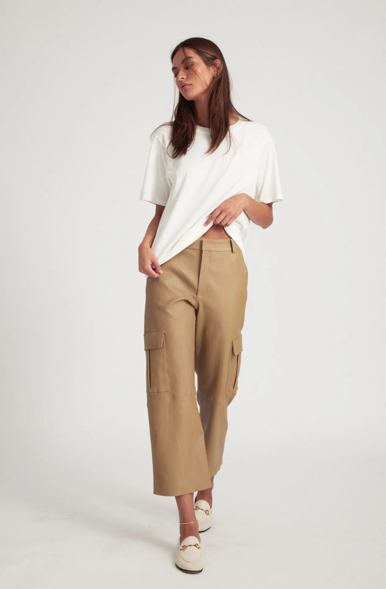 Khaki Leather Cropped Baggy Cargo Pants