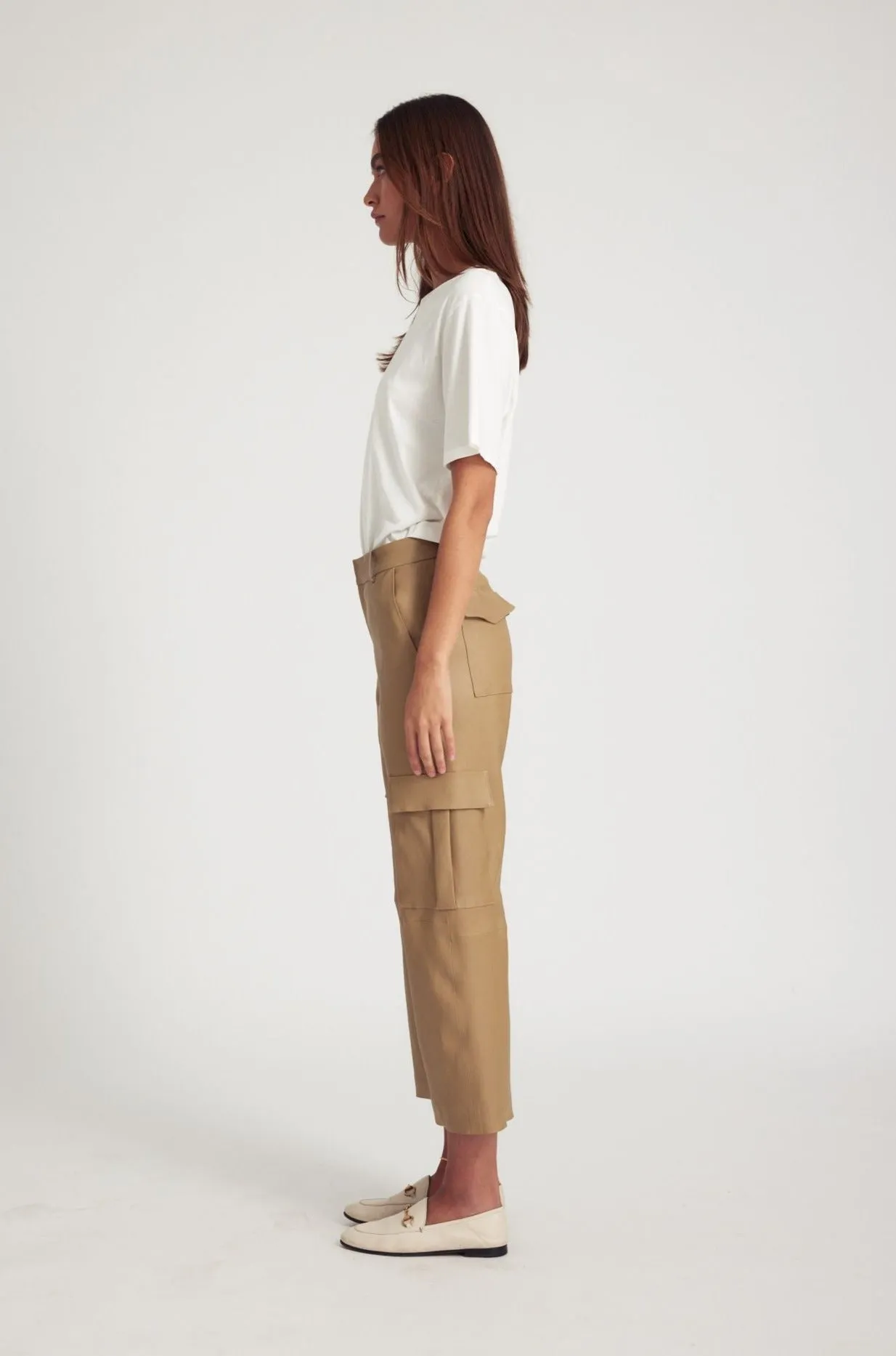 Khaki Leather Cropped Baggy Cargo Pants