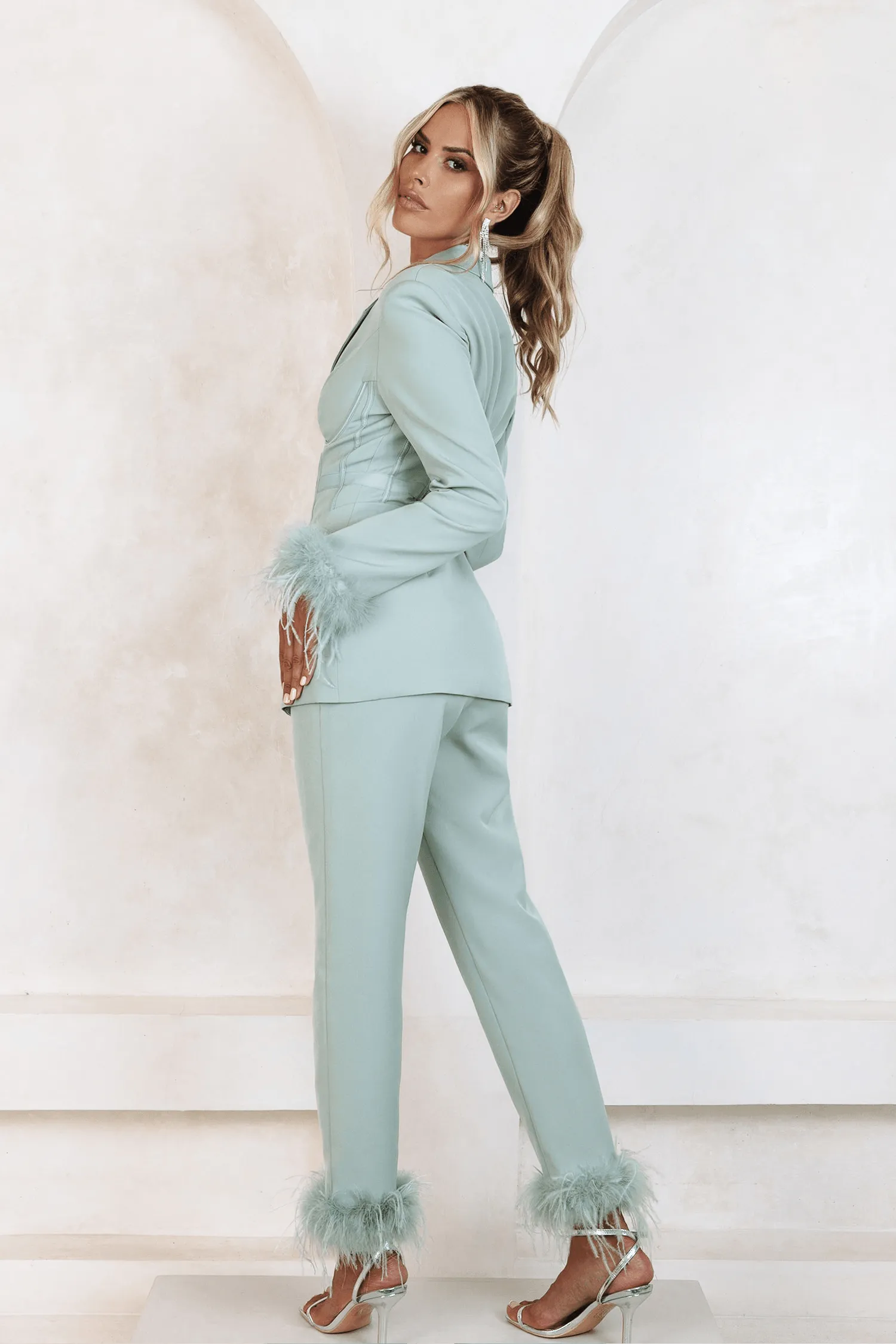 LILY Feather Trim Trousers In Sage Green