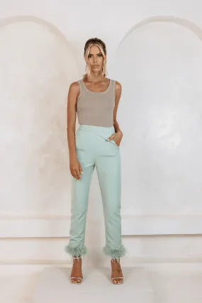 LILY Feather Trim Trousers In Sage Green