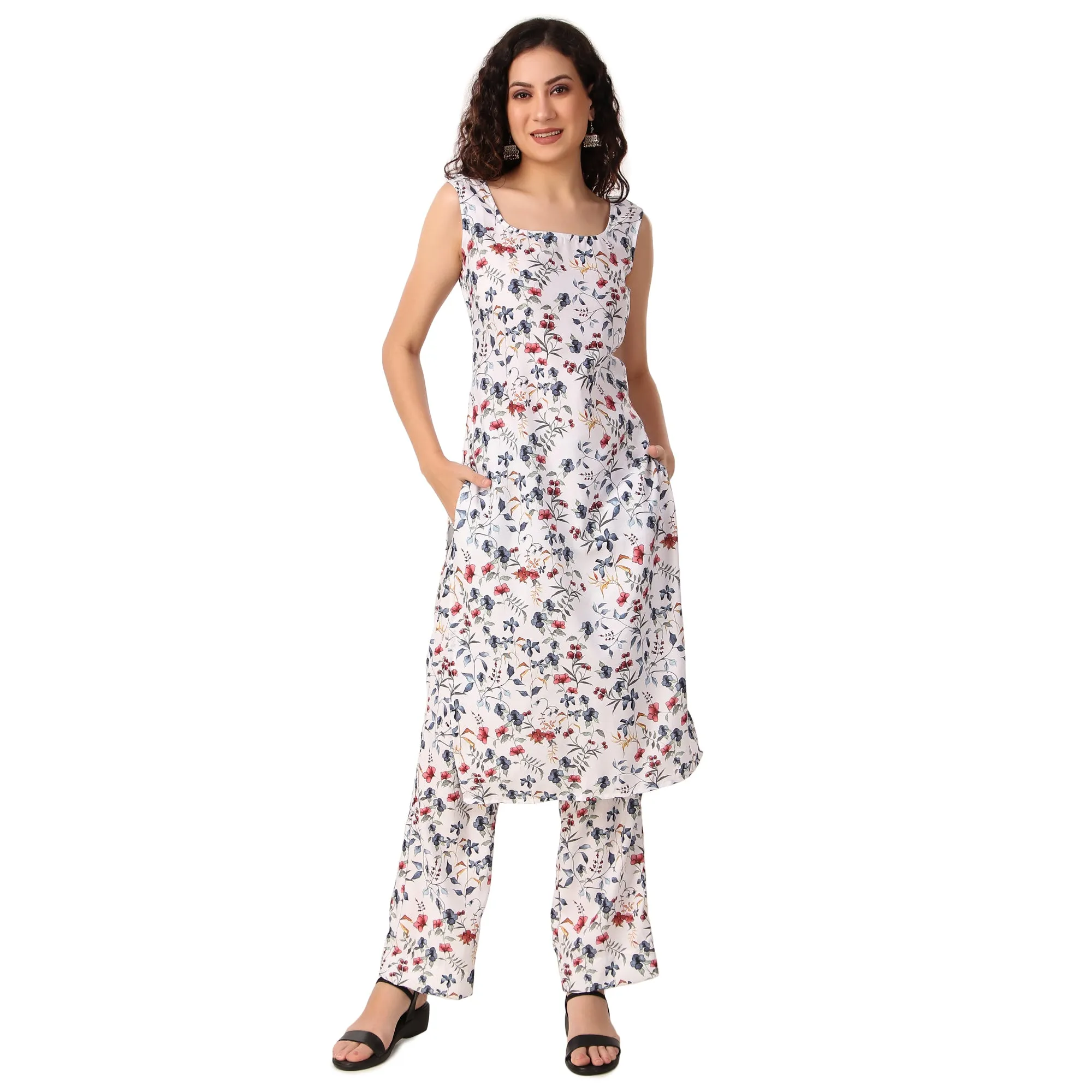 Magnetism white Rayon Floral Print Kurti with Pant