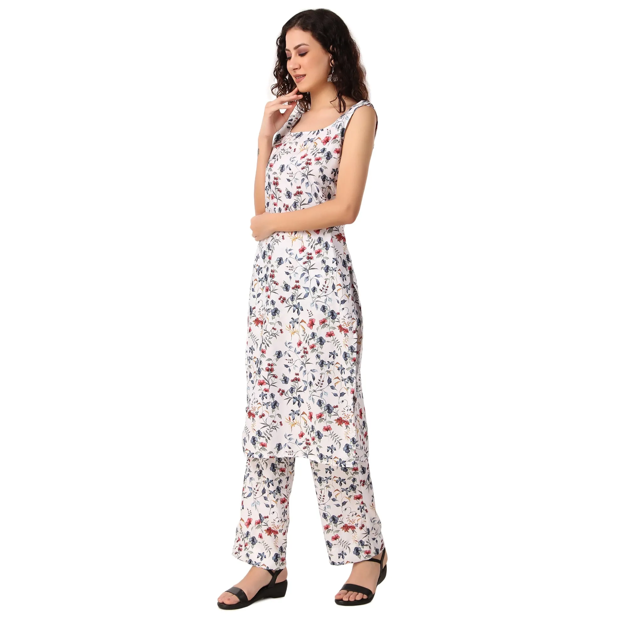 Magnetism white Rayon Floral Print Kurti with Pant