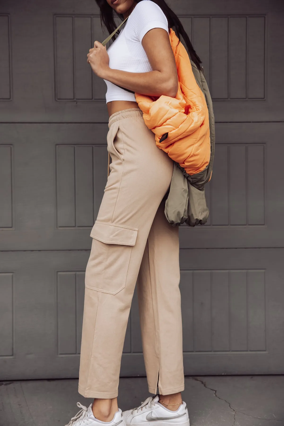 MAYA WIDE LEG CARGO SWEATS - TAN