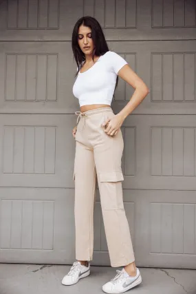 MAYA WIDE LEG CARGO SWEATS - TAN